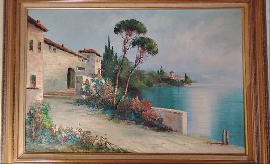 Framed Oil Painting of a Seaside Villa Signed By C. Loft (48"w X 36”h)